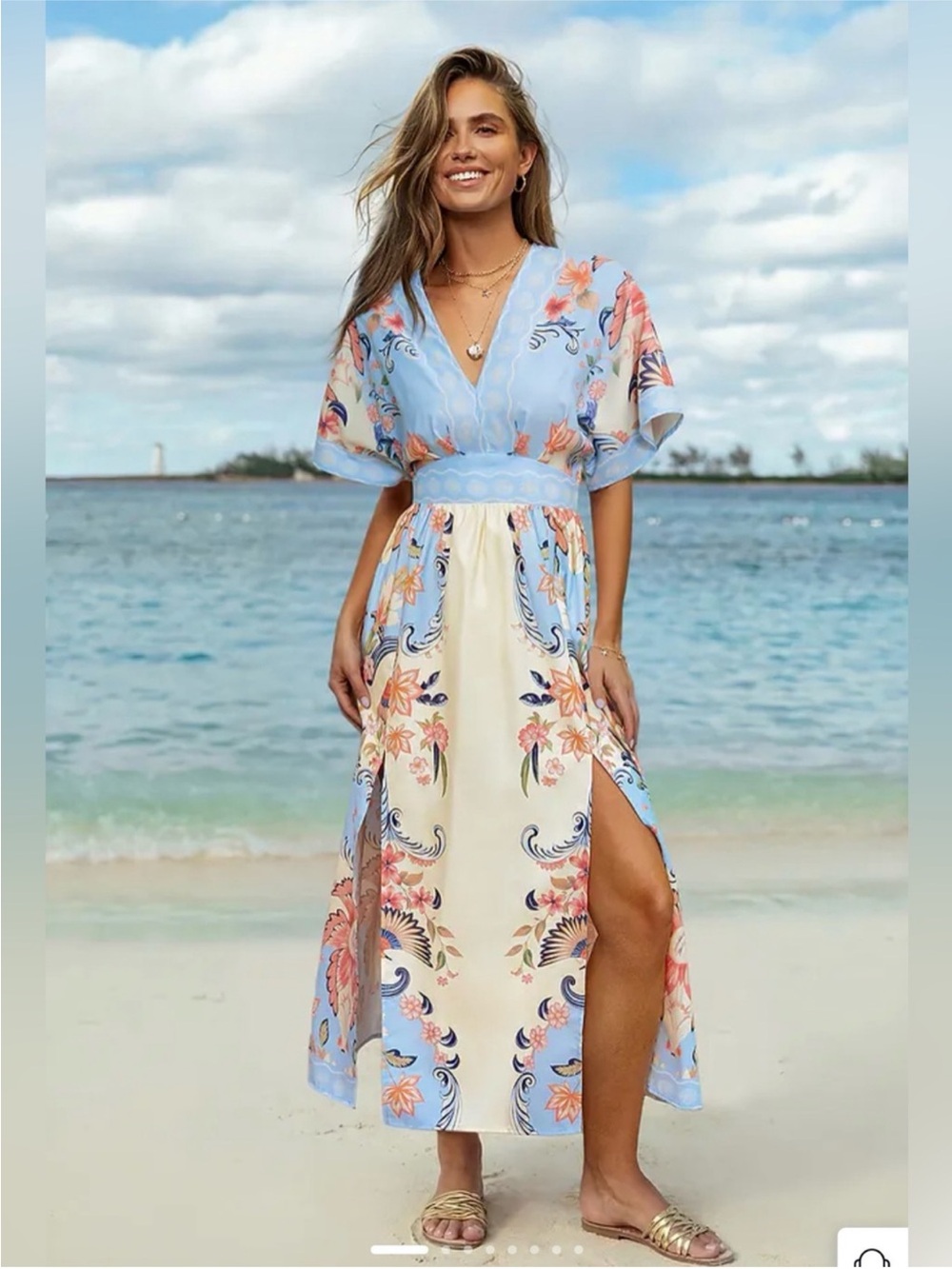 Cupshe ~ Blue and Cream Floral V‑Neck Side‑Slit Maxi Dress NWOT - XL